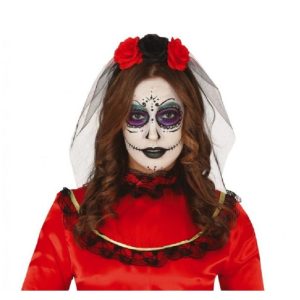 Diadema con velo para Halloween con flores negras y rojas infantil – Más de 4 años