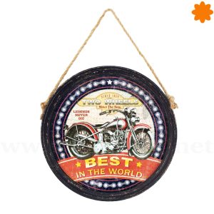 Cuadro motero con forma circular de madera para colgar con una cuerda