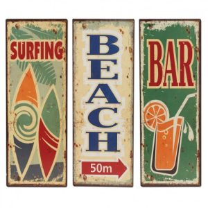 Surfing Beach Bar 3 Placas Metal de 13×36 cm