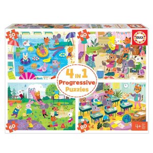 Puzzles Infantiles Progresivos 4 en 1 Un Dia en la Escuela de Educa