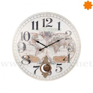 Gran reloj de pared con mapa vintage blanco y péndulo